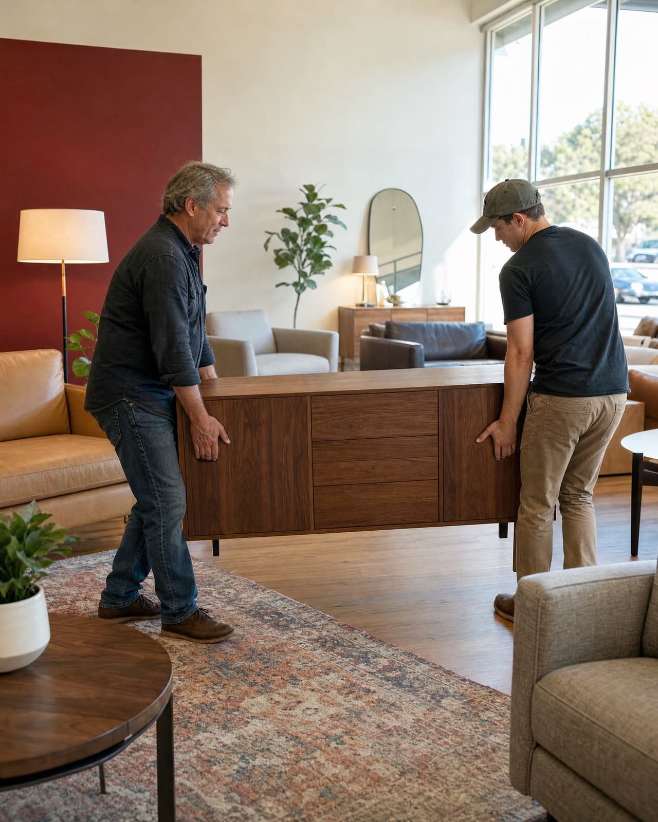 Two furniture store workers carrying a desk across the showroom