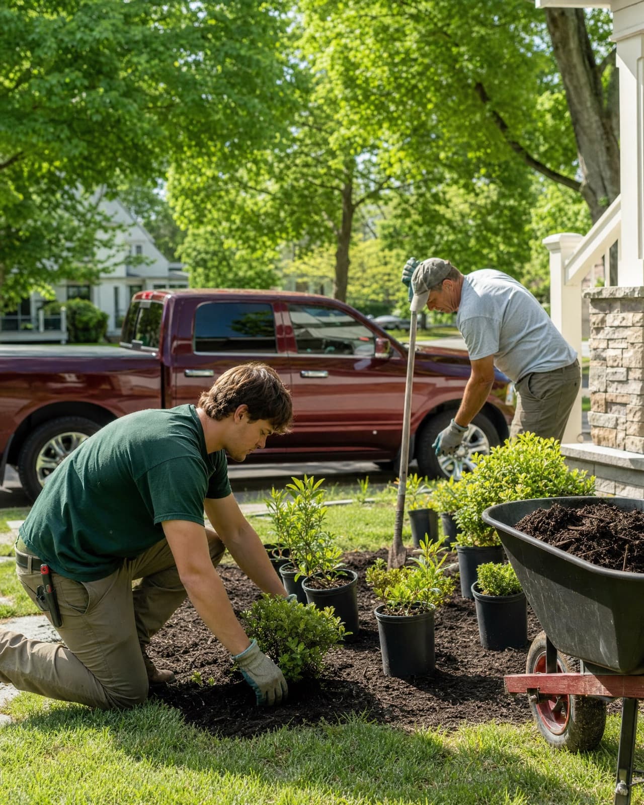 A landscaping crew planting shrubs in a front yard